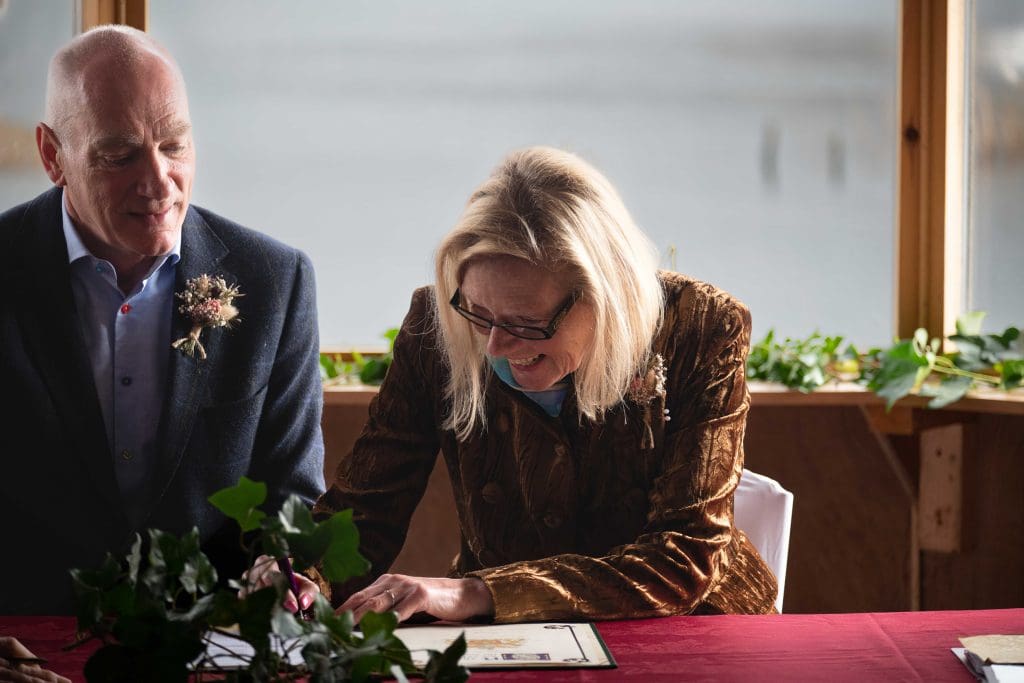 Angela and Paul Gorrill celebrating their wedding at RSPB Leighton Moss.