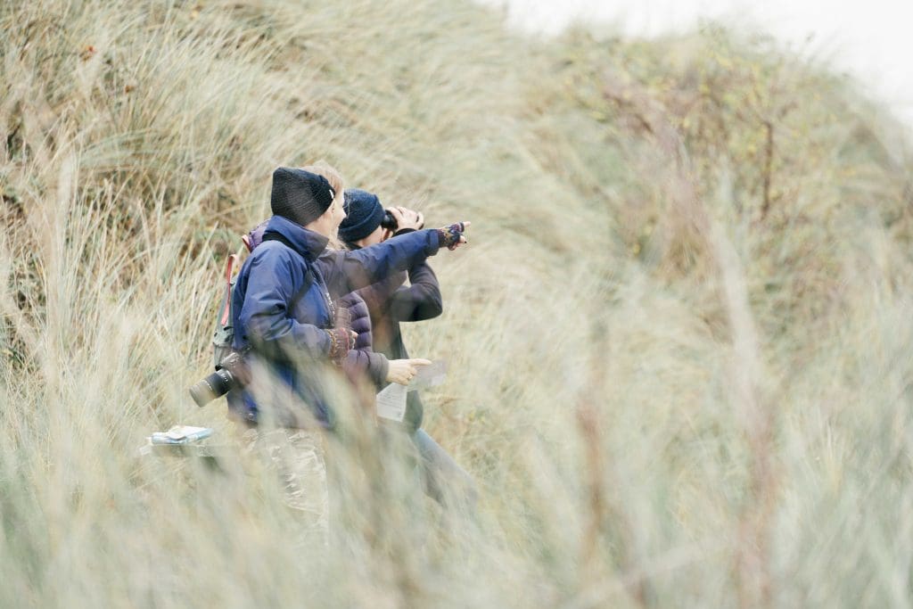 Bird watchers in countryside