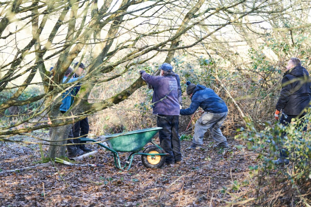 Volunteers working in the Discovery Zone woodland at Pagham Harbour.