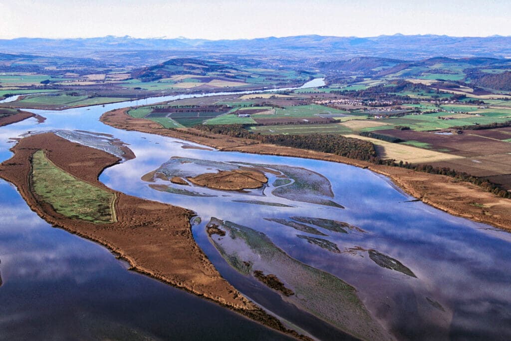 Aerial shot of RSPB Tay Reedbeds.