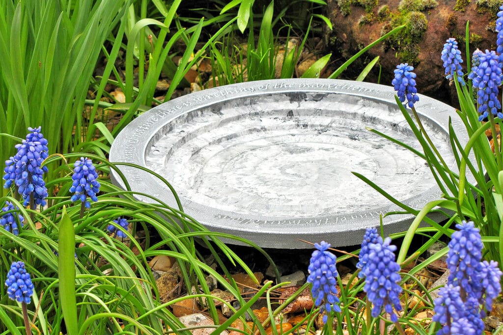 A silver bird bath on the ground amongst blue flowers.