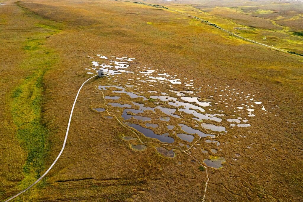 Aerial shot of Forsinard Flows pool system and viewing tower