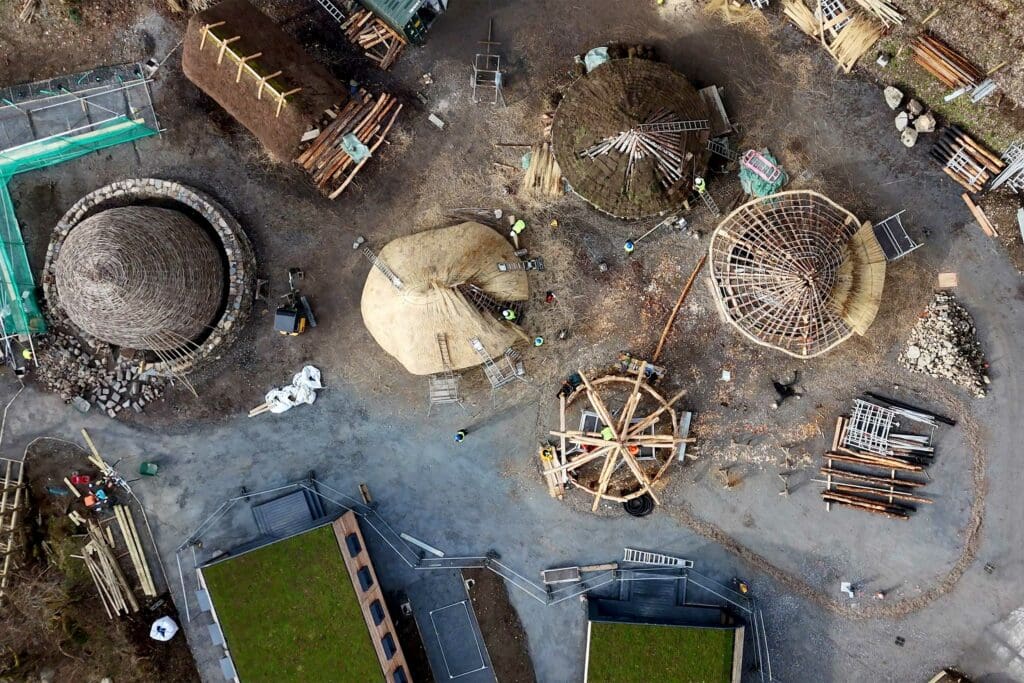 Aerial view of a replica Crannog and Iron Age community at the Scottish Crannog Centre. Photo: Stephen Magee