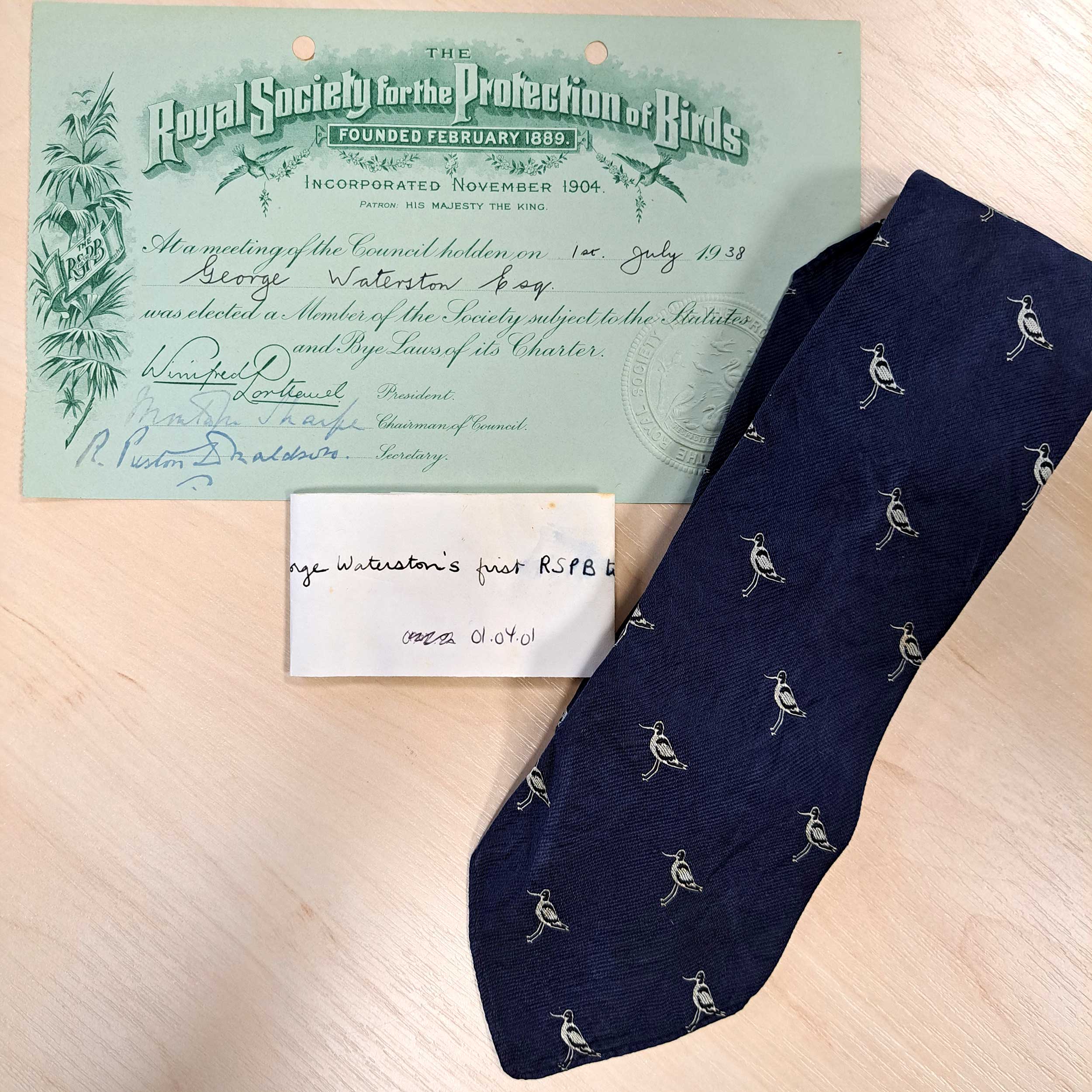 RSPB tie and membership card from 1938