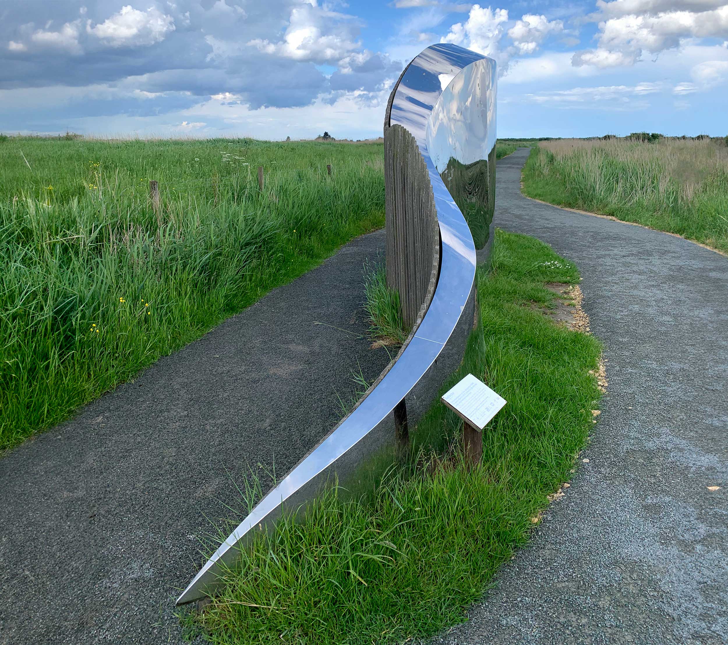 A long, curved shiny metal sculpture with paths either side, surrounded by reedbeds.