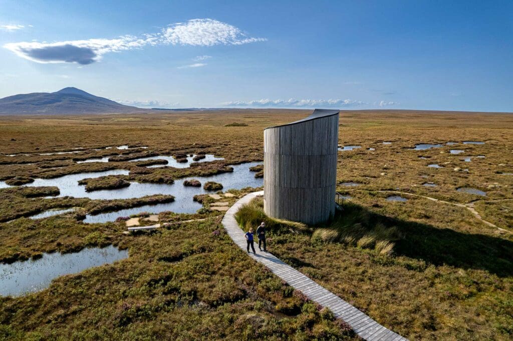 The wooden lookout tower overlooks the bog