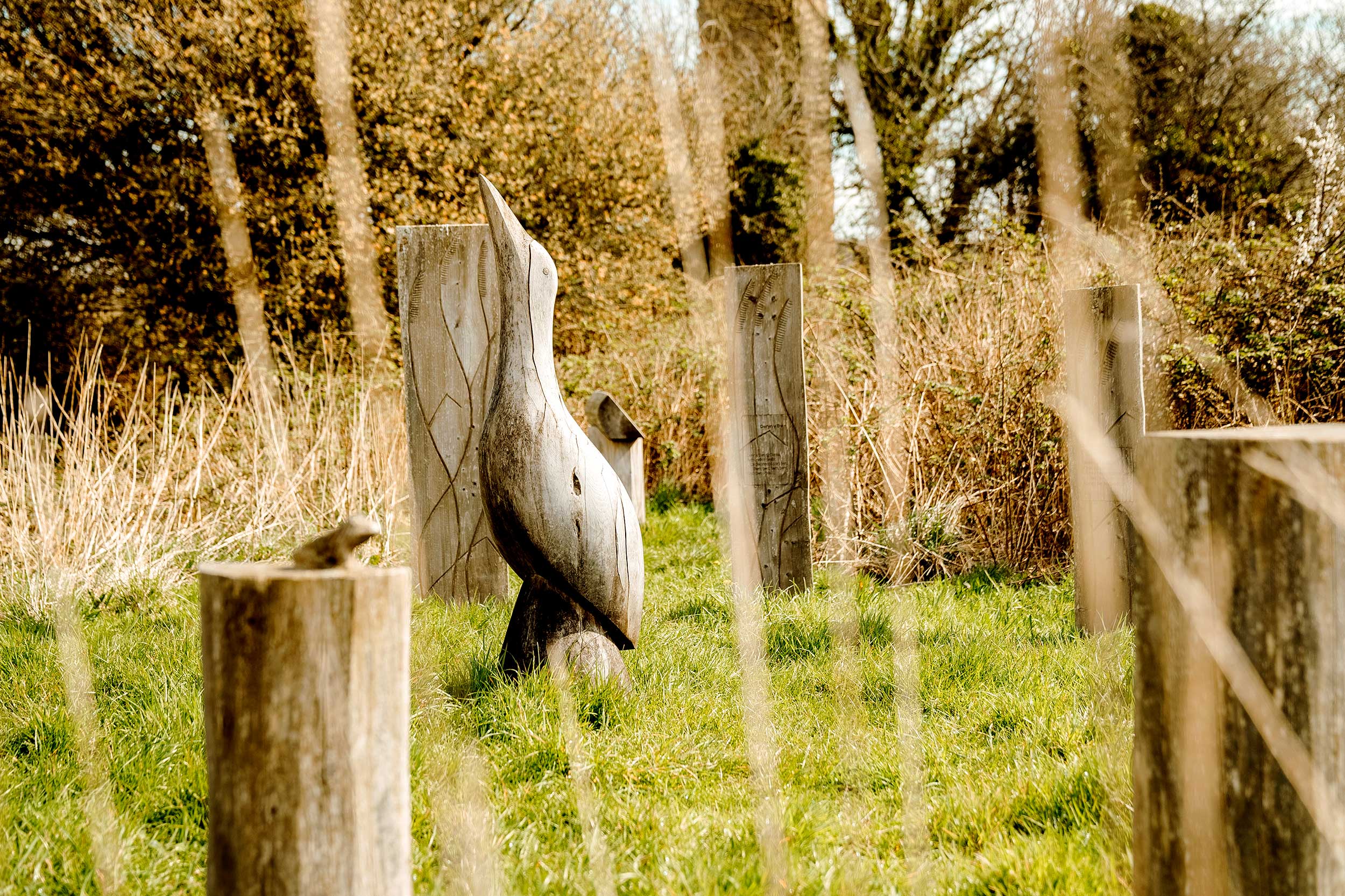 Wooden sculpture of a long-necked bird with a long beak pointing up at the sky, surrounded by grass and vegetation