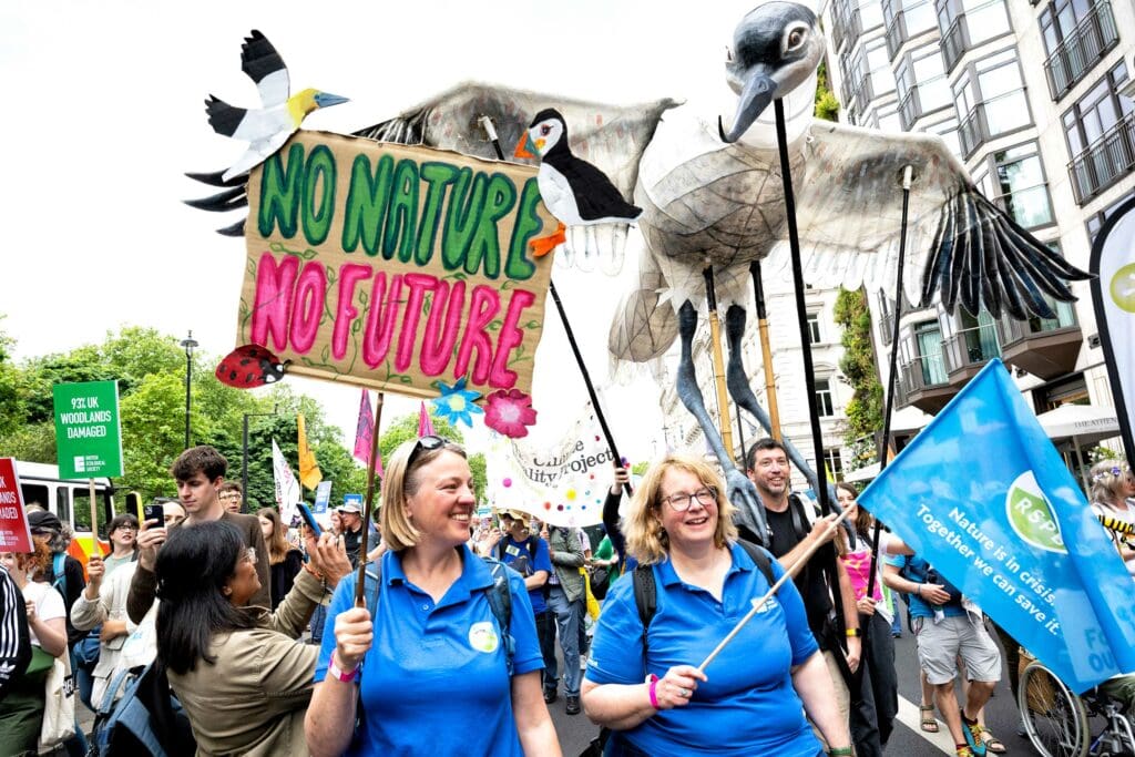 RSPB CEO Beccy Speight (right) and Katie-Jo Luxton at the Restore Nature Now march in London, June 2024