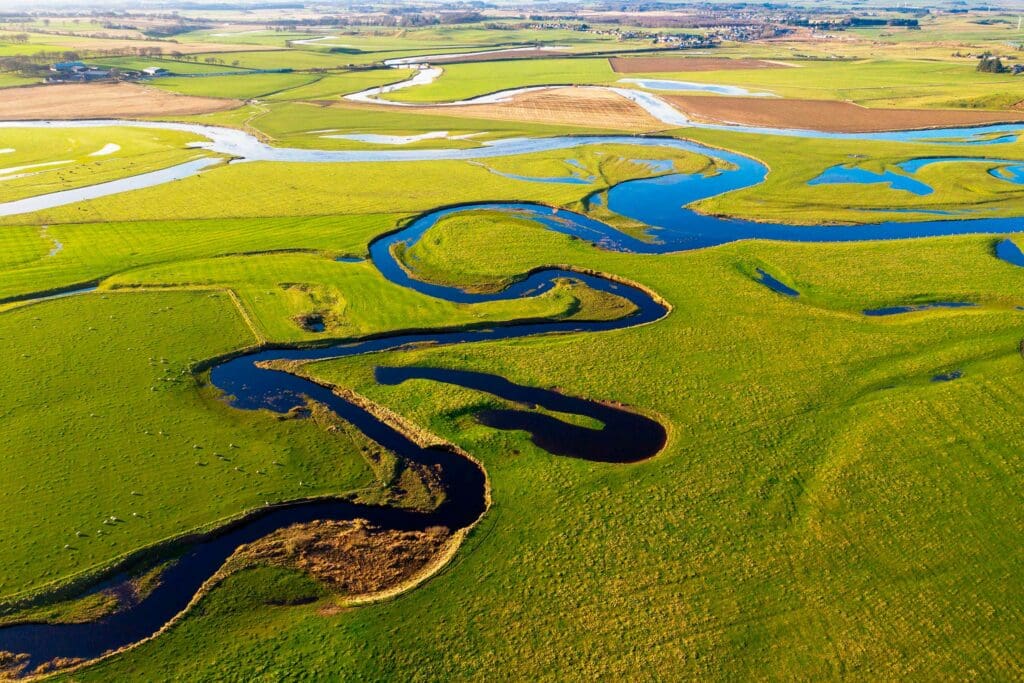 Aerial shot of the River Clyde and its Oxbow formations