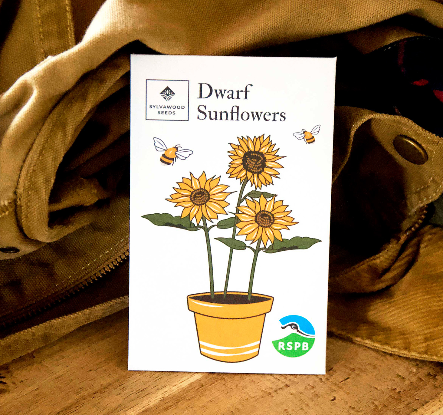 Dwarf sunflower and bumblebee seed pack.