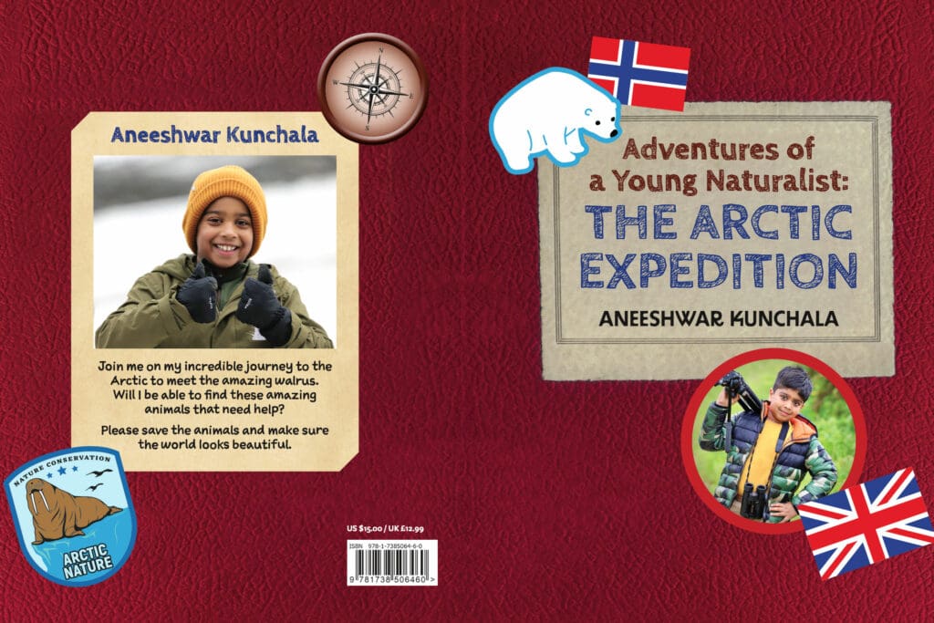 The book cover of Aneeshwar's book, Adventures of a Young Naturalist. Red over with two photos of Aneeshwar on it.