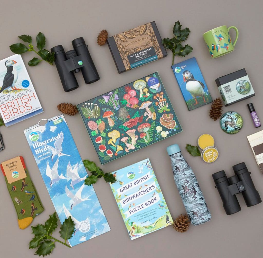 A range of festive gifts including mug and binoculars.