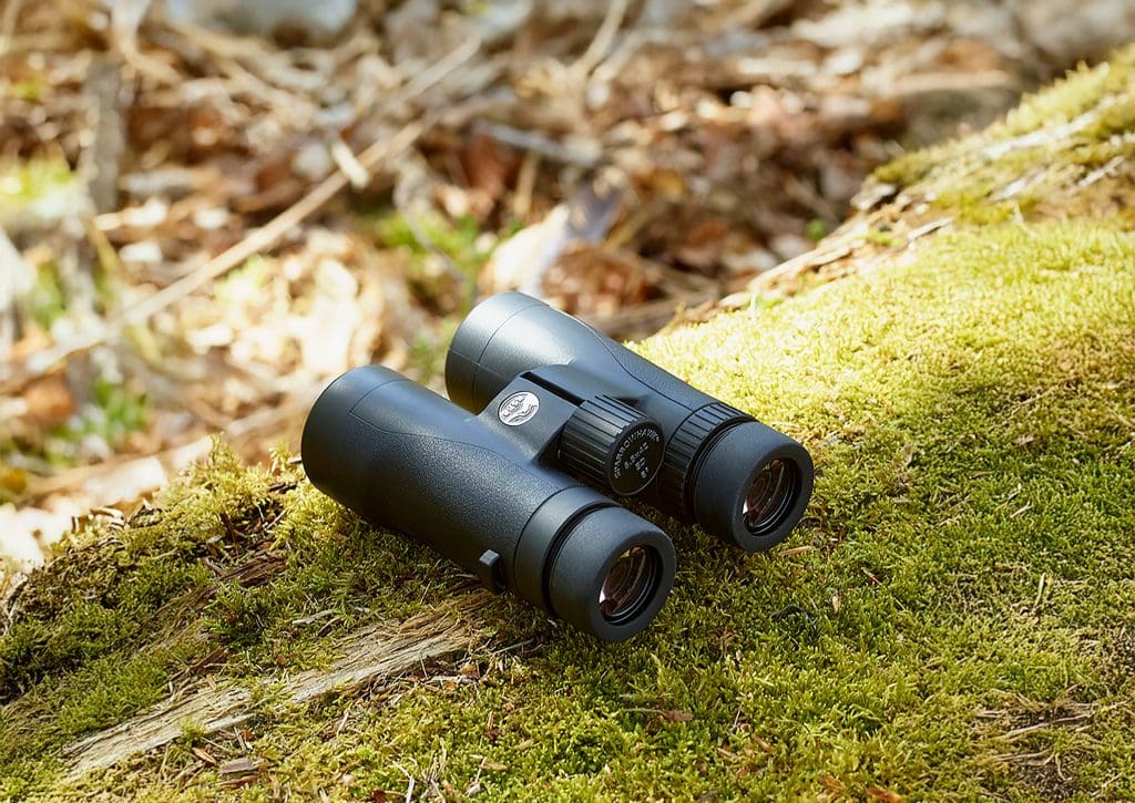 A pair of binoculars on a moss-covered log
