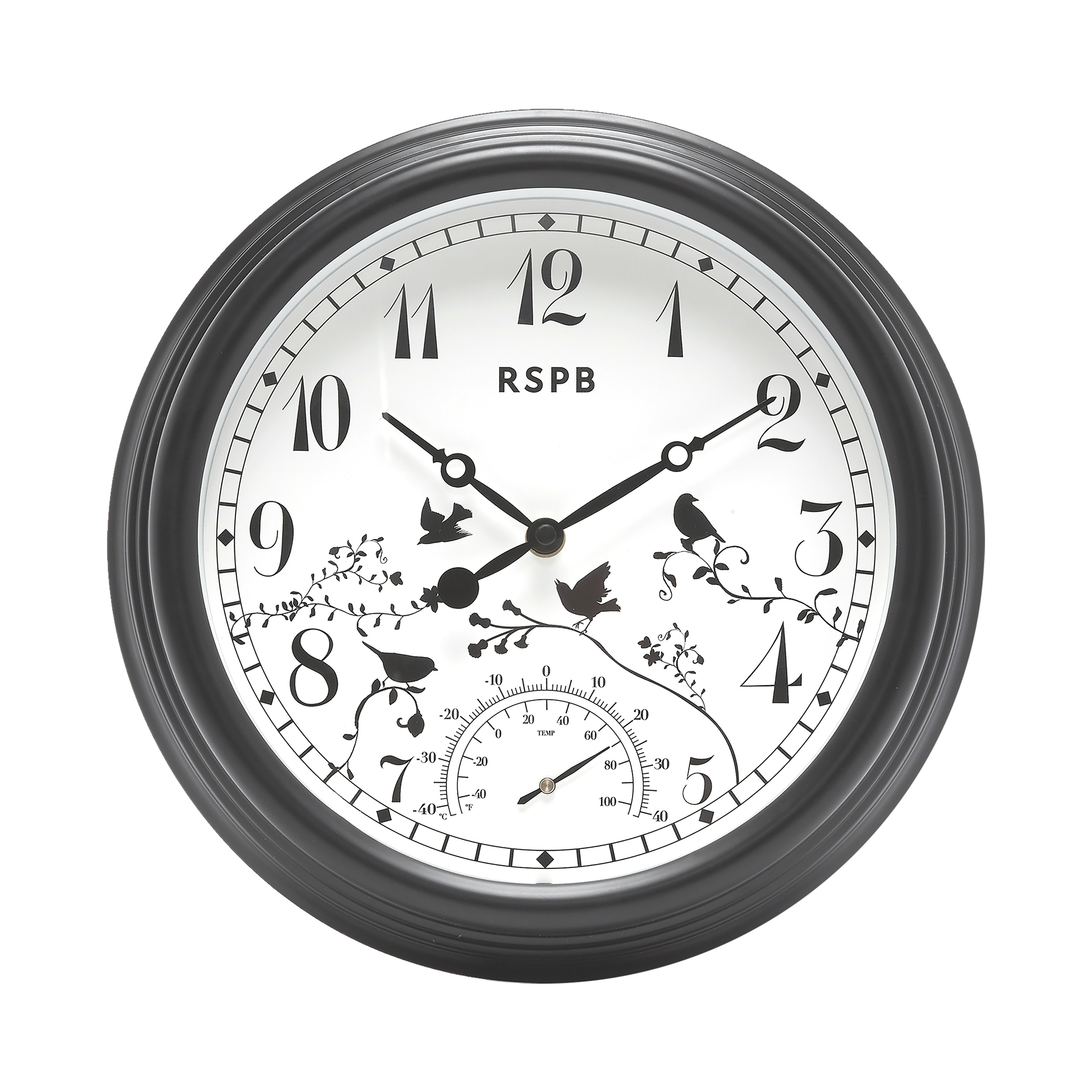 A black and white wall clock with illustrations of birds on it