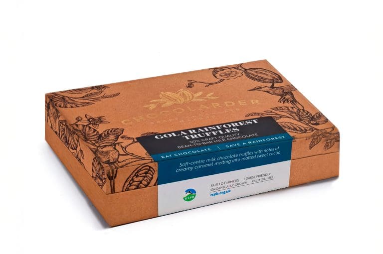A cardboard box containing RSPB Gola Rainforest Truffles