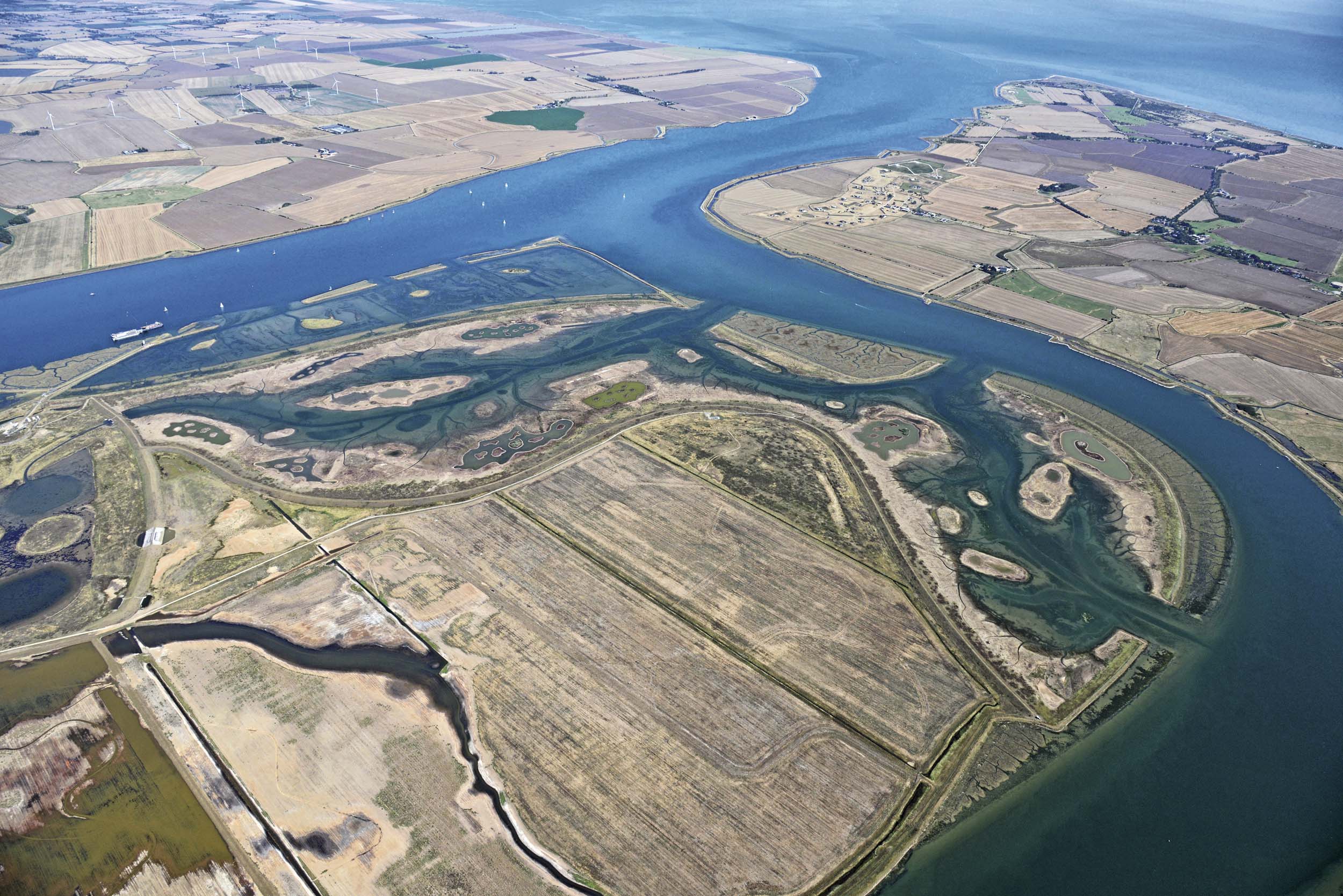 Aerial image of RSPB Wallasea Island Nature Reserve at high tide