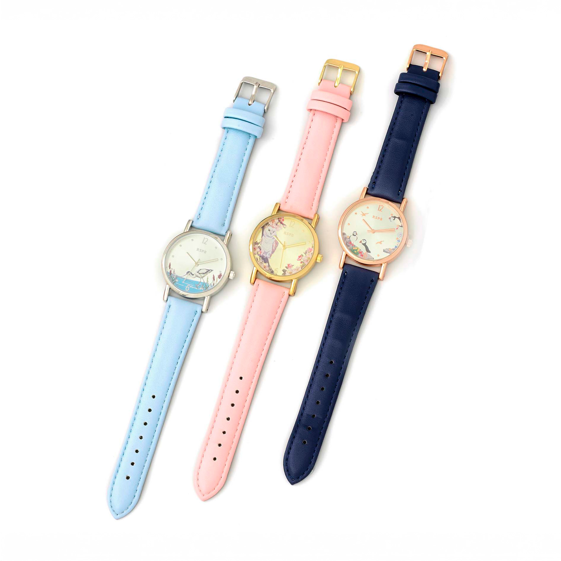 Three watches with colourful leather straps featuring an Avocet, Barn Owl and Puffin design on the individual faces