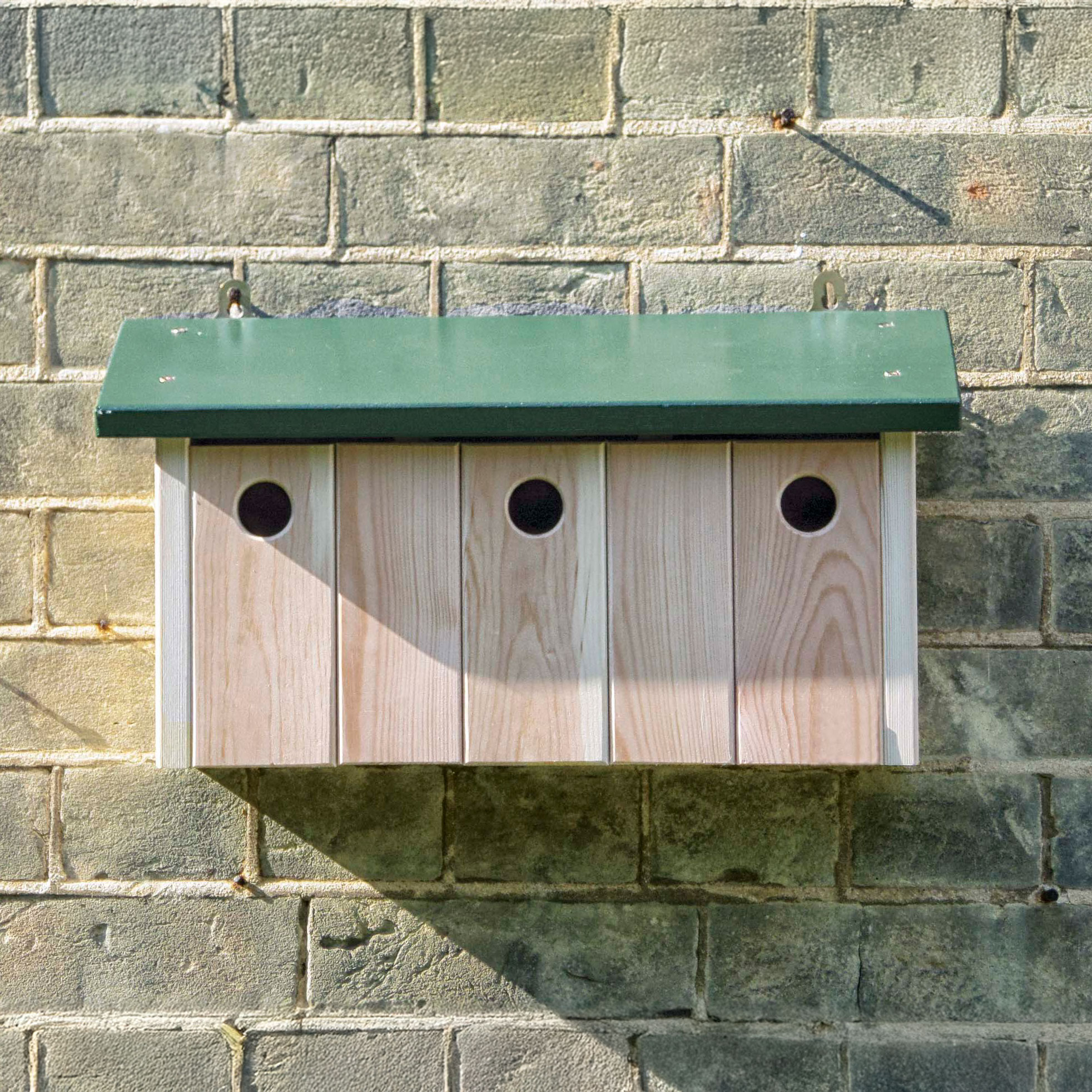 A wooden terrace nest box with a green lid mounted on a brick wall