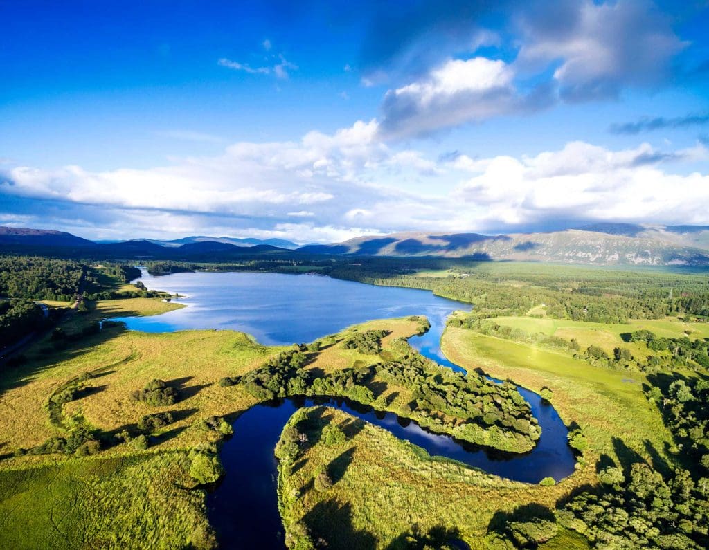 An aerial shot overlooking Loch Insh