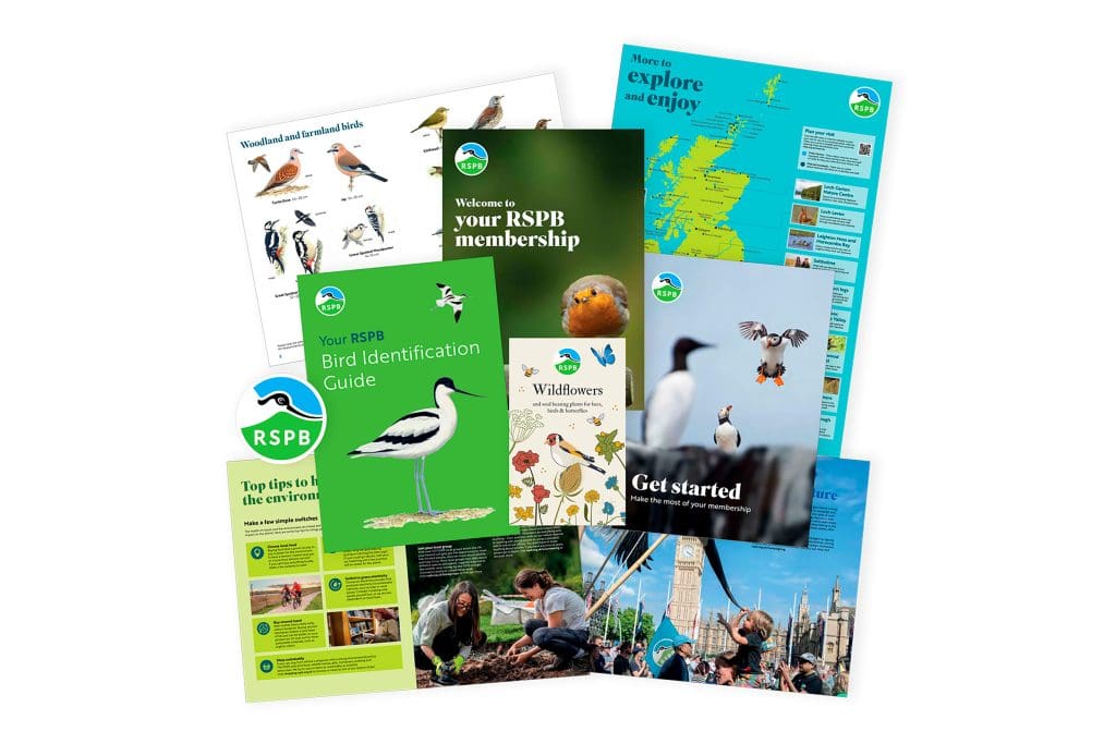 A composite image of the RSPB's welcome pack for new members, showing ID guides, a map of reserves and leaflets about the RSPB's work