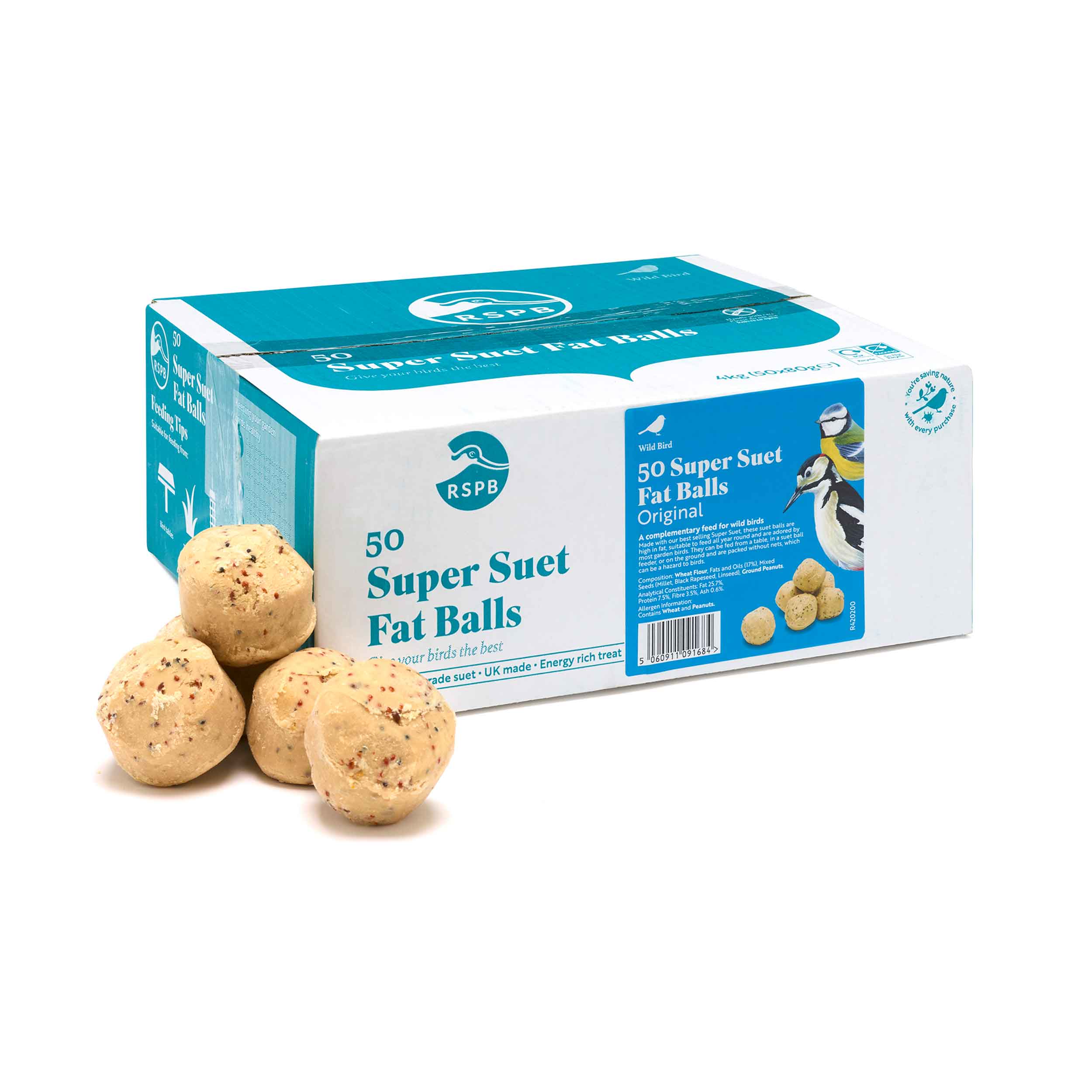 Four suet balls arranged next to the cardboard box they are stored in