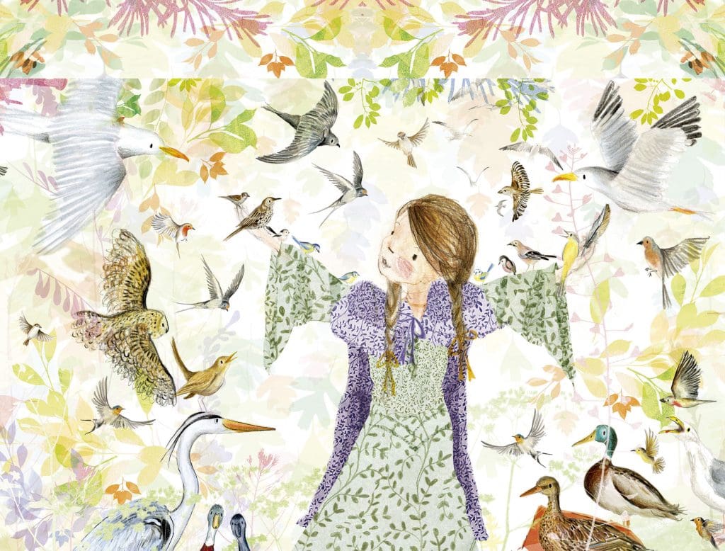 An illustration of a young girl with her arms outstretched surround by different birds
