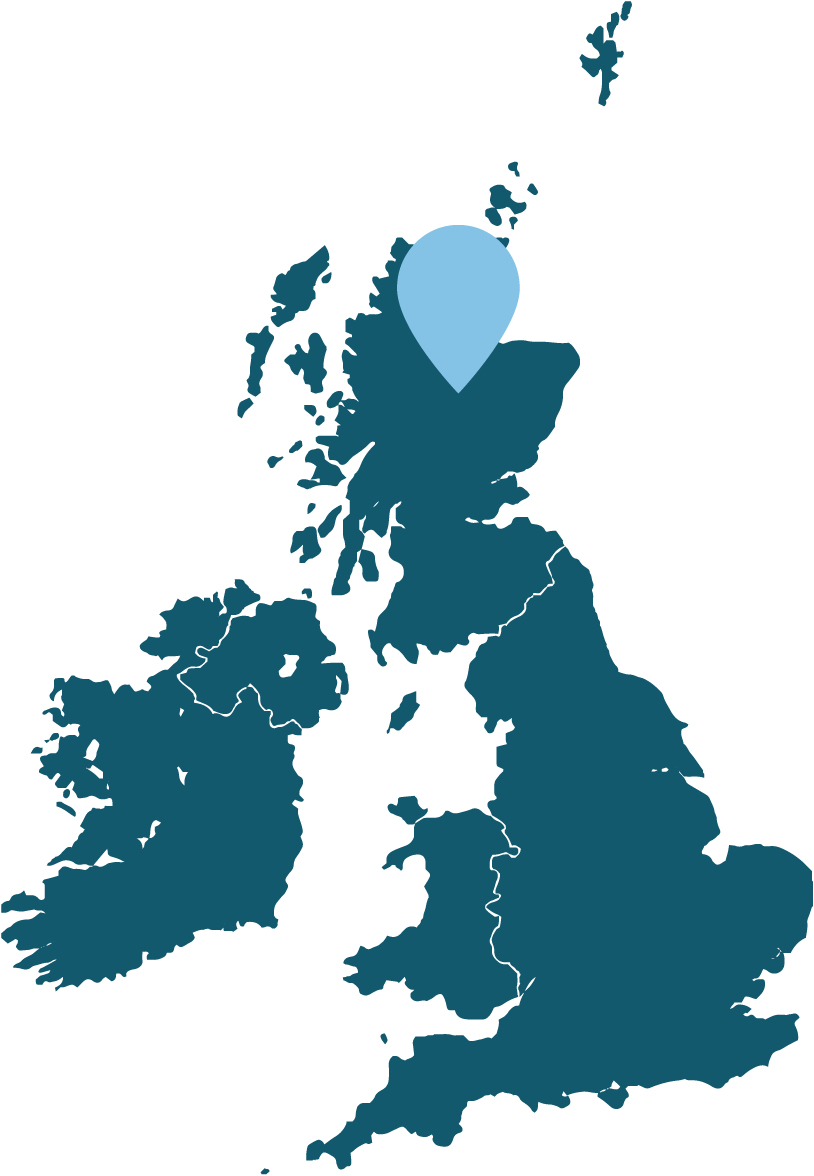 Map of the United Kingdom and Ireland, with an arrow pointing to RSPB Abernethy's location, in central Northern Scotland