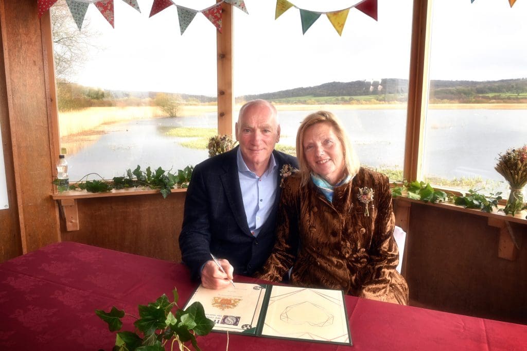 Angela and Paul Gorrill celebrating their wedding at RSPB Leighton Moss.