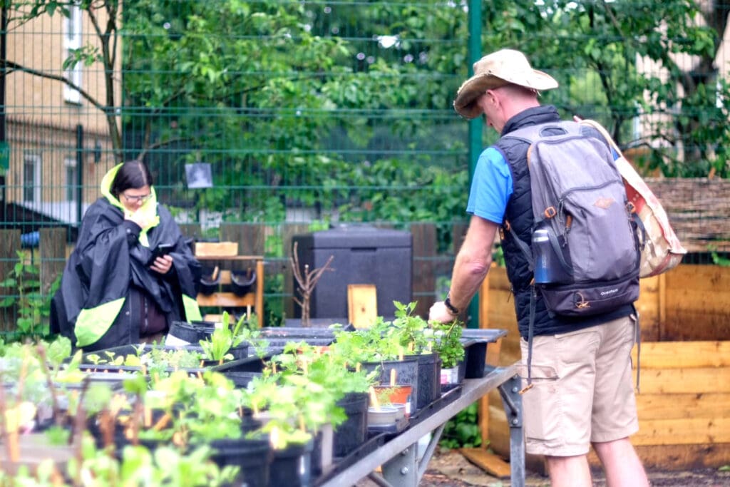 People looking at pots of plants at a plant nursery.
