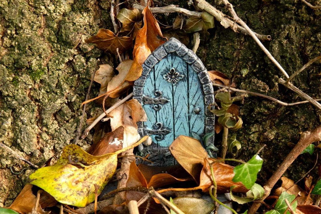 A tiny door placed at the base of a tree