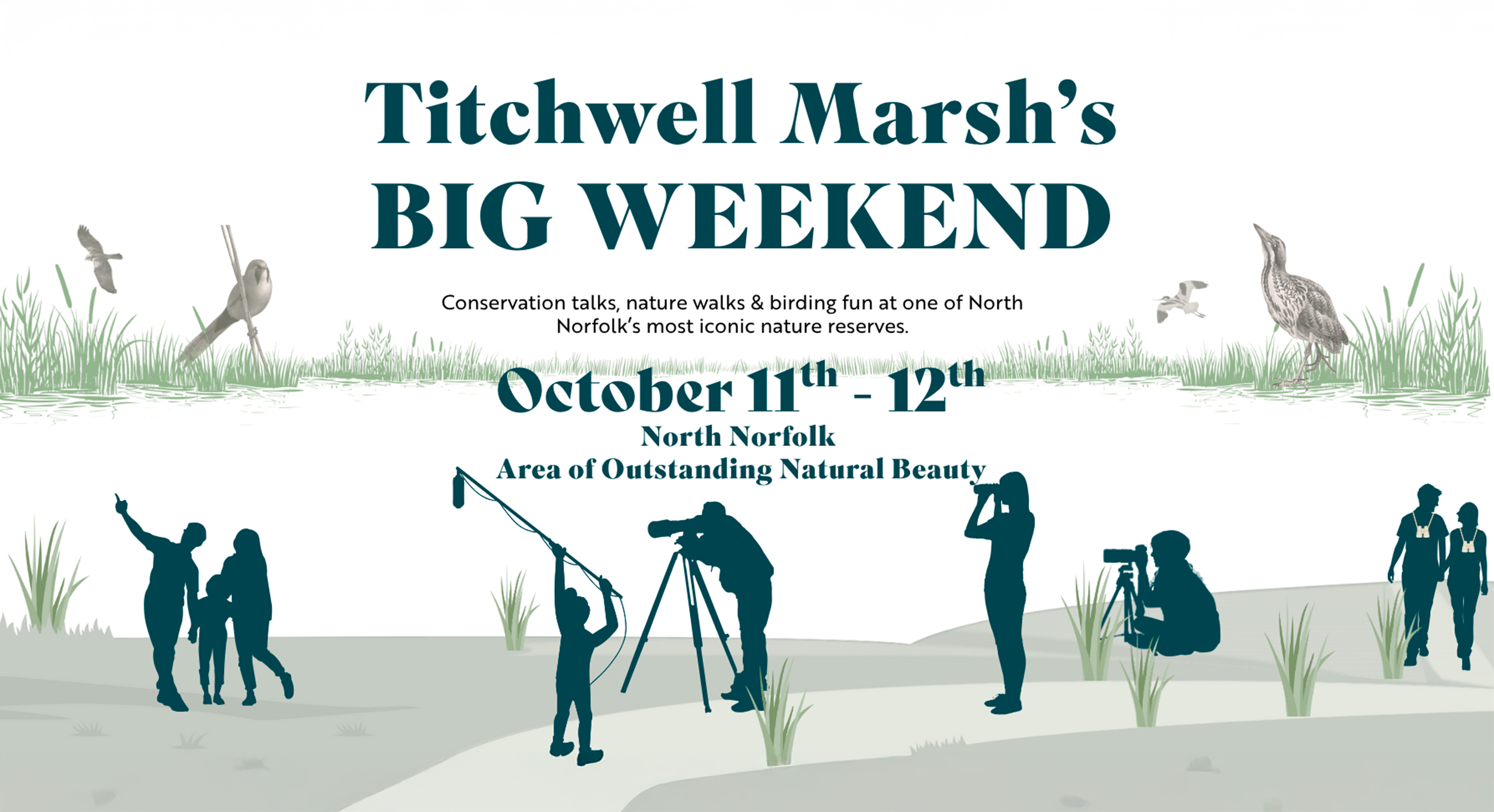Promotional text for RSPB Titchwell Marsh's Big Weekend, 11-12 October 2025, among silhouettes of people exploring a nature reserve and reedbed bird species.