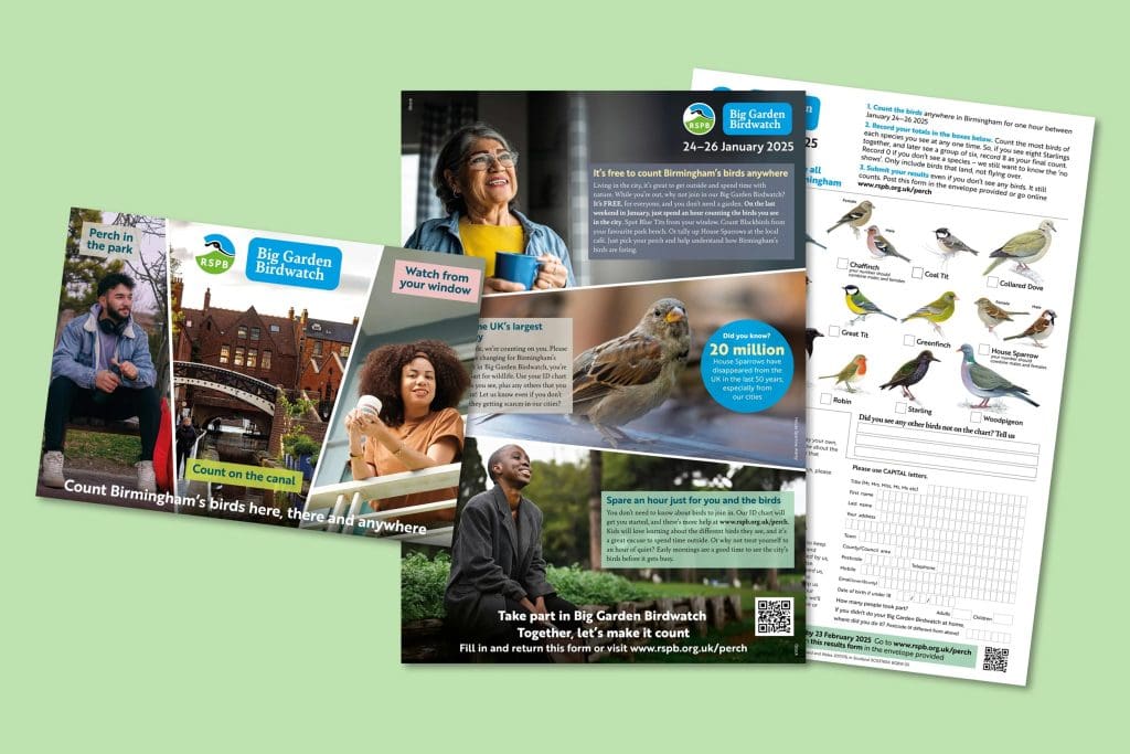 Big Garden Birdwatch pack sent to urban postcodes across Birmingham, including a postcard, poster and form