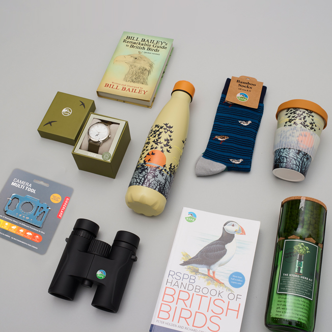 's Day group shot 4 A selection of RSPB shop gifts including a water bottle, watch, binoculars and a bird book