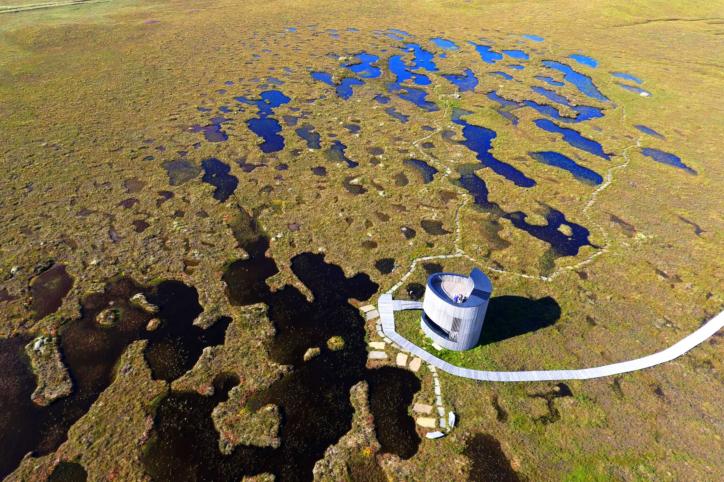 An aerial view of the peat bog and the lookout tour at RSPB Forsinard Flows