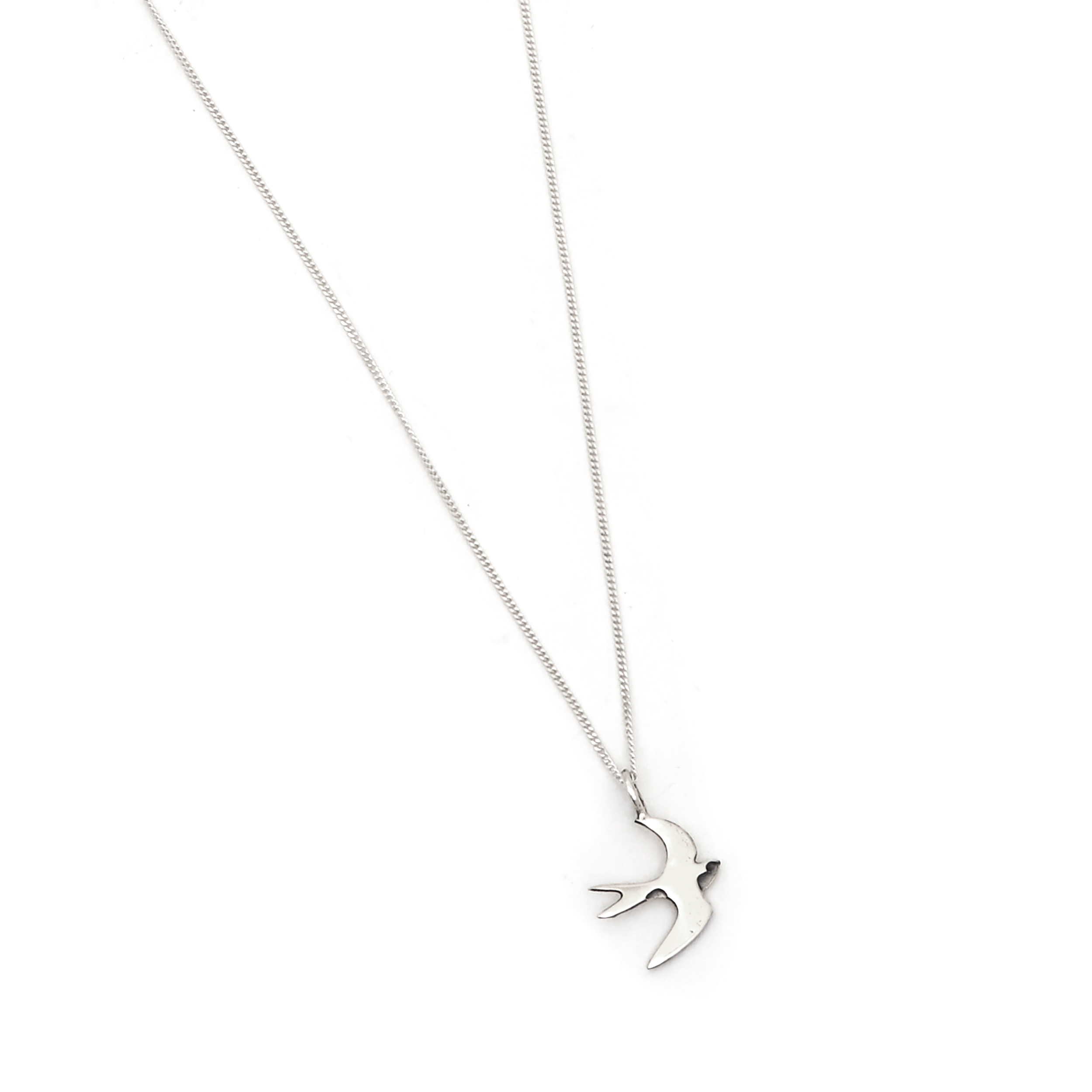 A silver necklace with a Swallow pendant