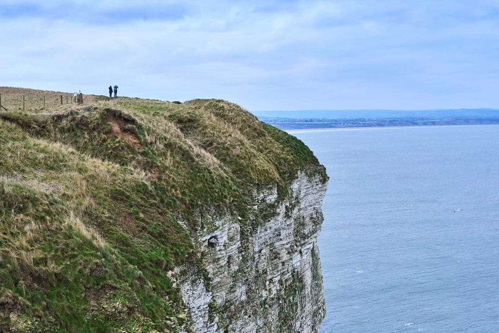 People on cliffs looking at the sea at Bempton Cliffs