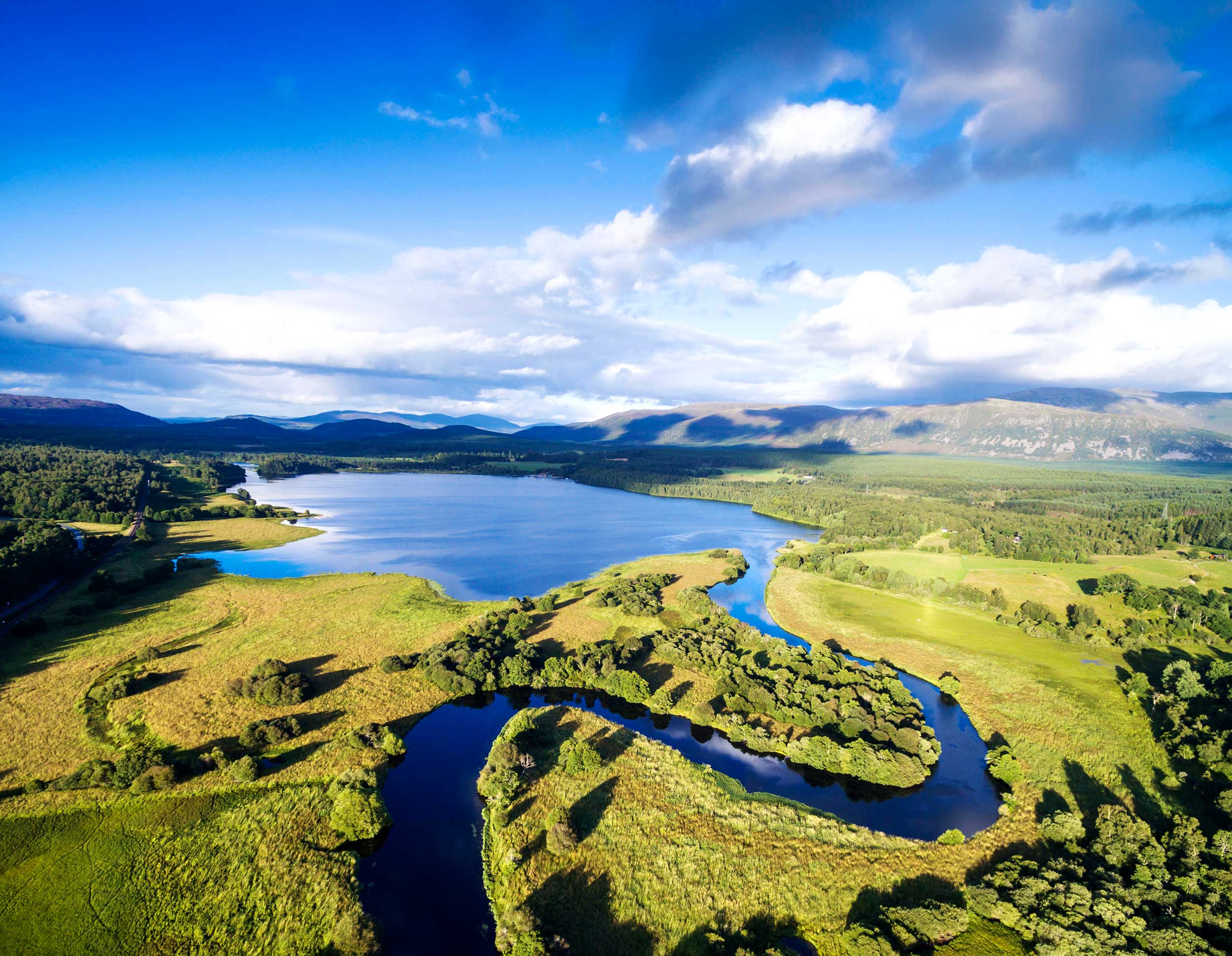An aerial shot overlooking Loch Insh
