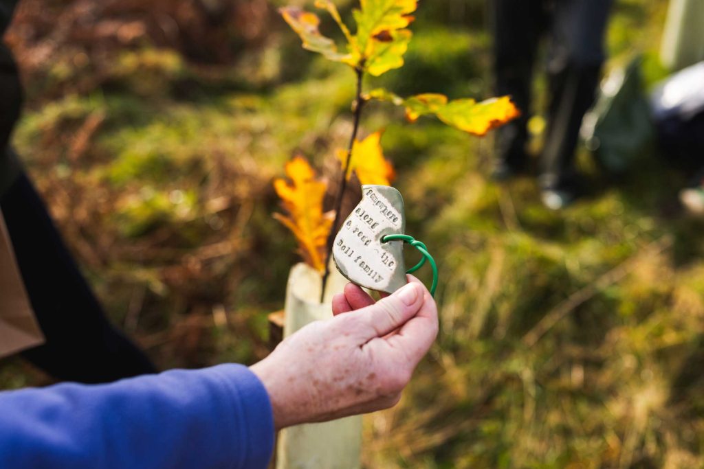 MAIN-IMAGE.RSPB-staff-and-volunteers-at-Celebration-Wood-RSPB-Haweswater-Nature-Reserve.RSPB_1010791.Mark-Williamson A man's hand holds a hanging stone decoration with the message 'Somewhere along a road – the Doll family' printed on it. An Oak sapling is in the background.