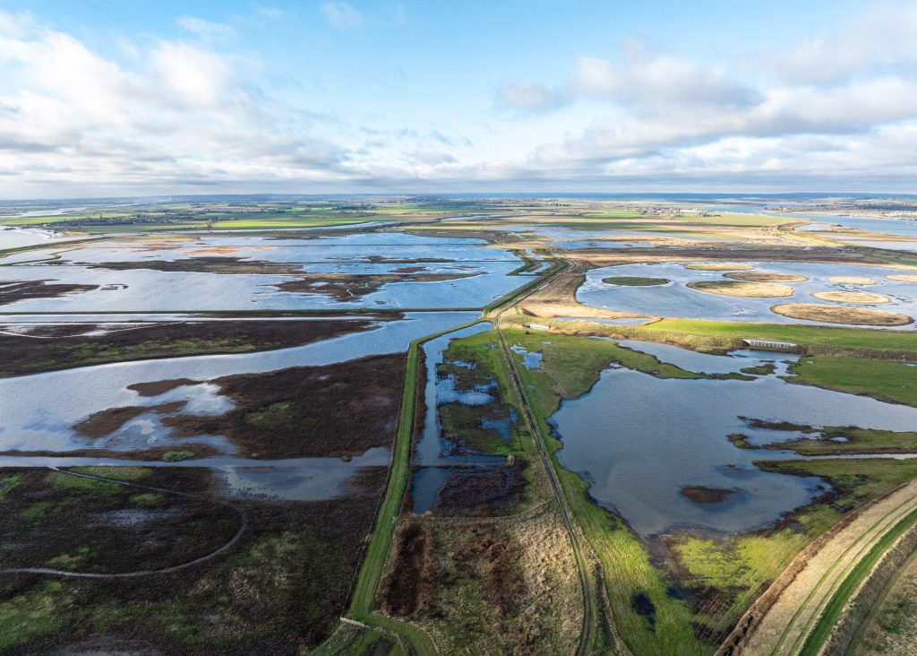 Aerial-image-of-RSPB-Wallasea-Island-Nature-Reserve.RSPB_1012967.BenAndrew A flat landscape of winding waterways amongst patches of land, as far as the horizon.