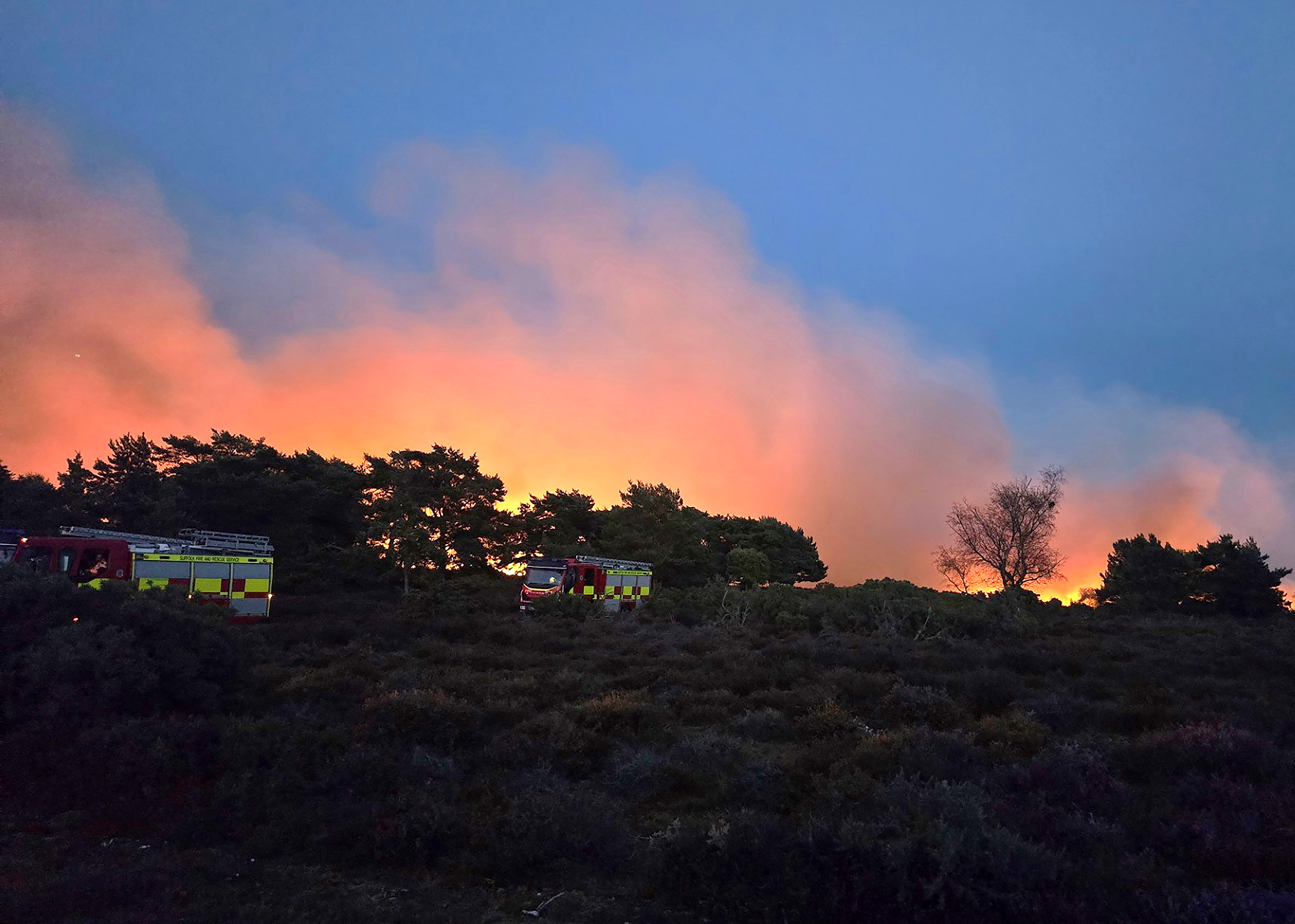 A wild fire on a heath with two fire engines